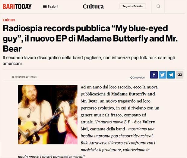 Bari Today - Nov 28 2014 - Radiospia records pubblica My blue-eyed guy, il nuovo EP di Madame Butterfly and Mr. Bear