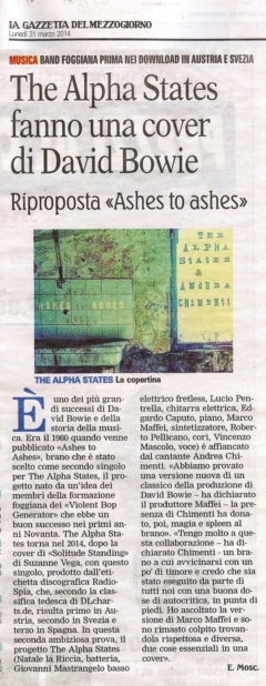 La Gazzetta del Mezzogiorno - 31/03/2014 - The Alpha States fanno una cover di David Bowie
