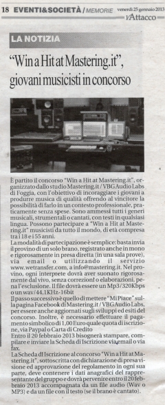 l′Attacco - 25/01/2013 - Win a Hit at Mastering.it: giovani musicisti in concorso