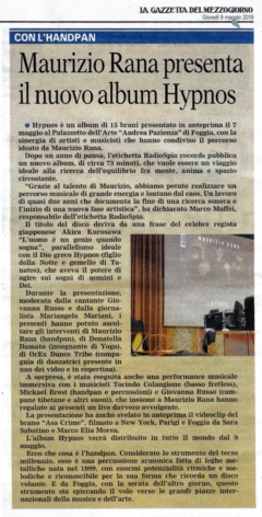 La Gazzetta del Mezzogiorno - 09 maggio 2019 - Maurizio Rana presenta il nuovo album Hypnos