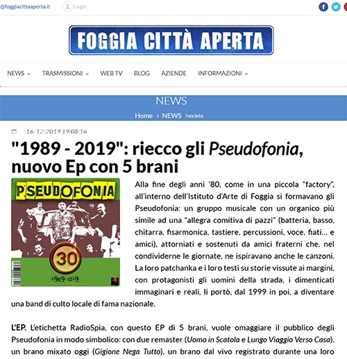 Foggia Città Aperta - Dec 12 2019 - 1989-2019: riecco gli Pseudofonia, nuovo EP con 5 brani